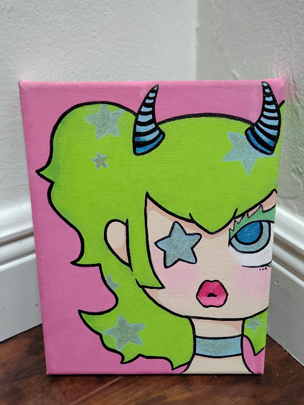 Neon Punk Rock Whimsical Hand Painted Green Horned Girl Pop Art Canvas